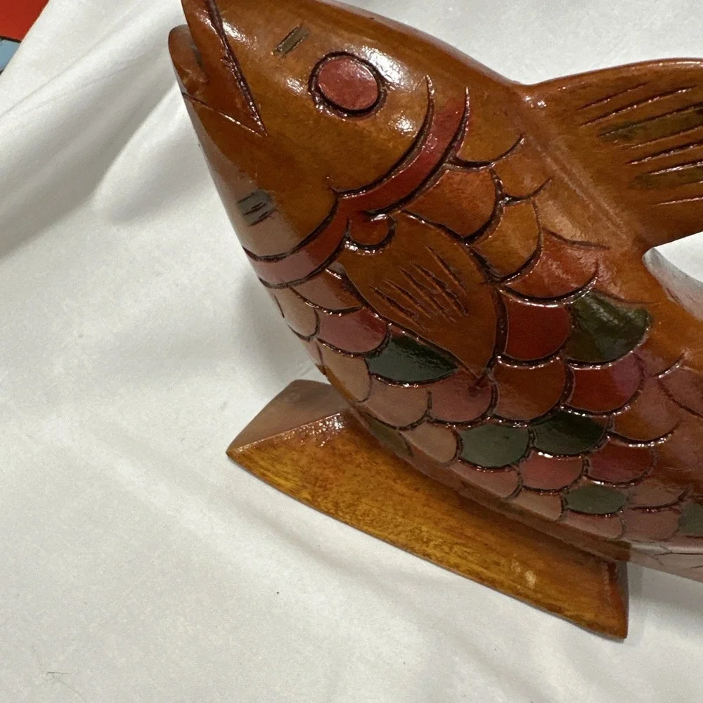 Hand‎ Carved Wooden Fish from Haiti Detailed Tri-Tone Color Wood Decor